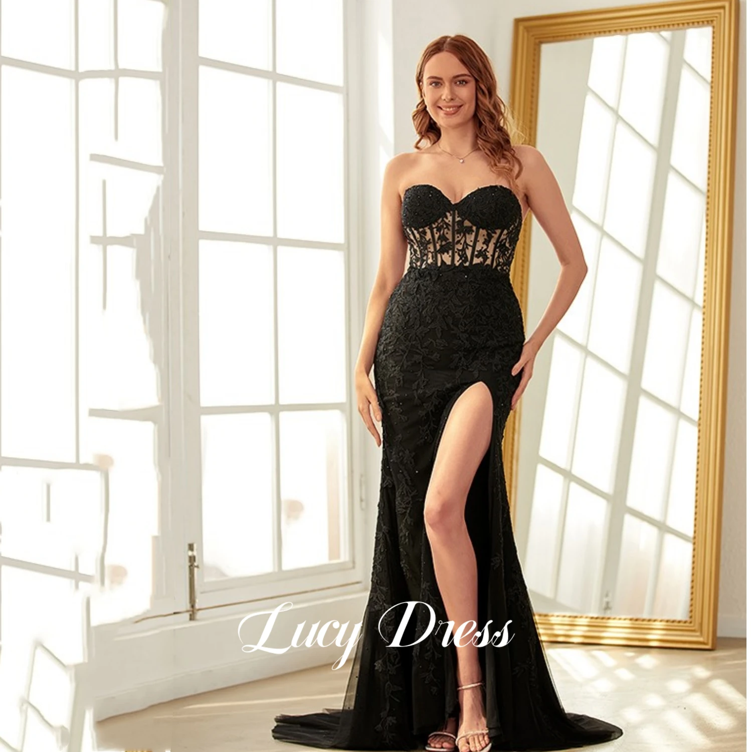 

Lucy Sexy Long Wedding Party Dress Women Elegant Luxury Mermaid Slit Quinceanera Dresses for Prom Strapless Black Lace Evening