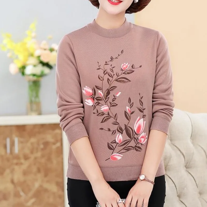 Women\'s Autumn Winter Solid Round Neck Rhinestone Screw Thread Floral Pullover Long Sleeve Flocking Sweater Knitted Fashion Tops