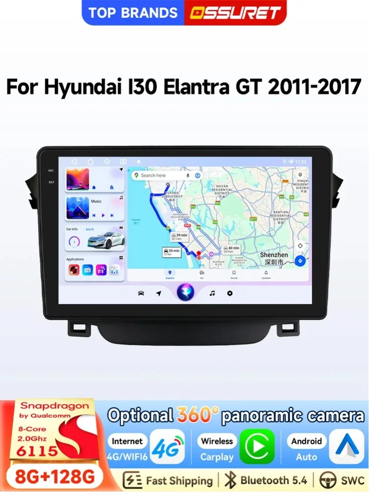 OSSURET Schneller Versand 9-Zoll 2Din Android 14 Autoradio für Hyundai i30 Elantra GT 2011-2017 Kabelloses CarPlay Android Auto GPS-Navigation Autoradio mit Snapdragon 6115 Bluetooth 5.4