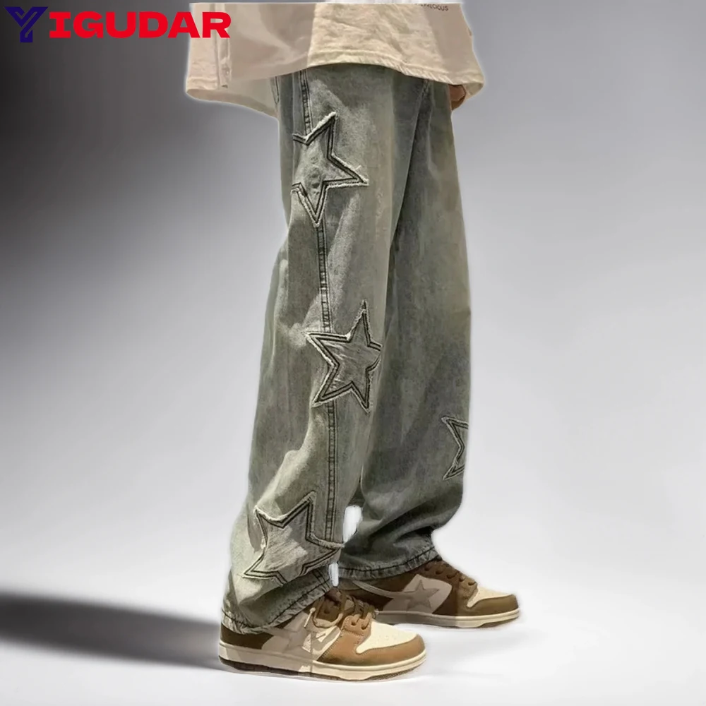 

Star Embroidery Straight Casual Men Jeans Gothic Neutral New Wide Leg Loose mens pants Hip-hop Streetwear Denim Trousers Y2K