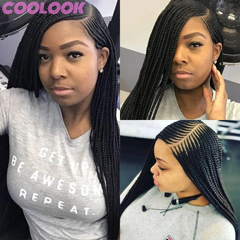 36'' Full Lace Synthetic Braided Wig Knotless Artificial Braids Lace Frontal Wig Distressed Side Part Braid Wigs for Black Women