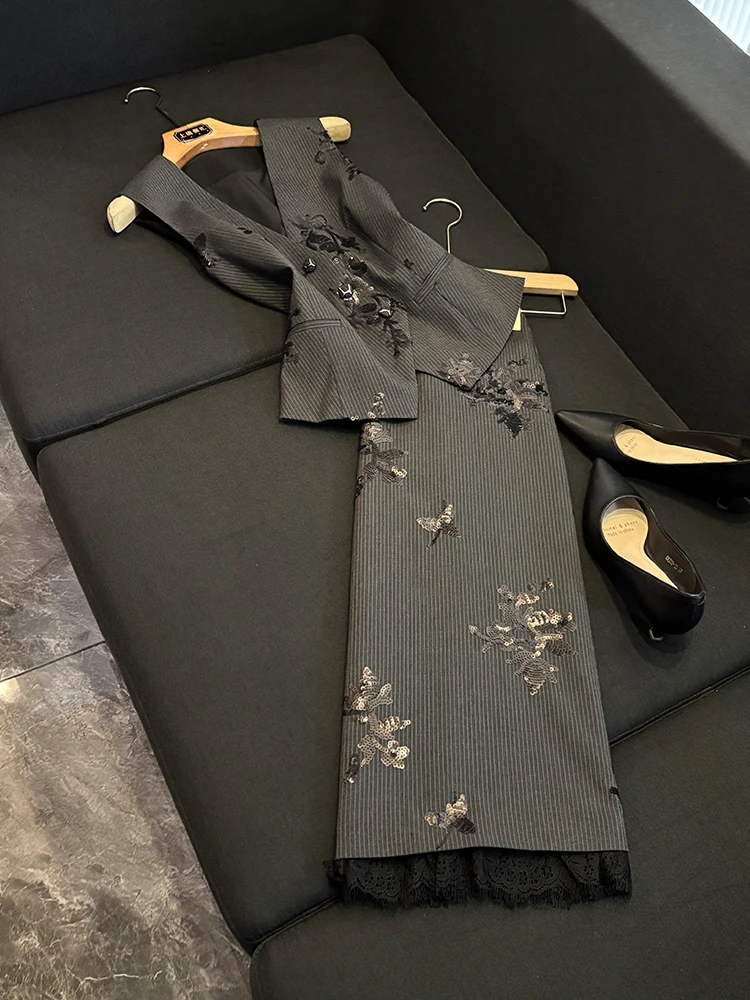 Retro sle lantejoulas bordado listrado colete e renda retalhos saia conjunto feminino faion conjunto outono inverno nova chegada