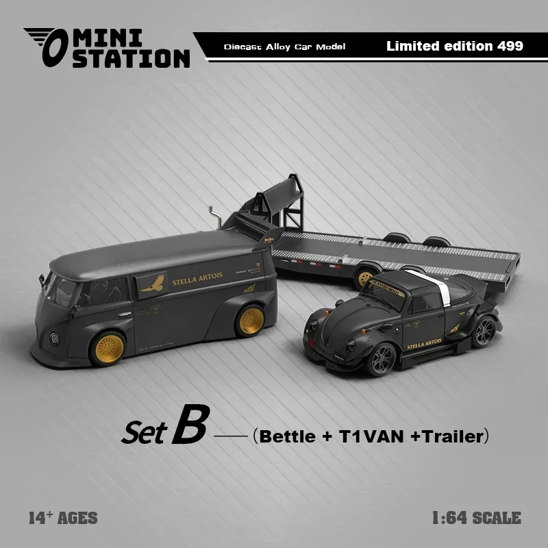 Mini Station 1:64 RWB & T1 Van Stella Artois Matte Black w/Trailer limited499 Diecast Model Car