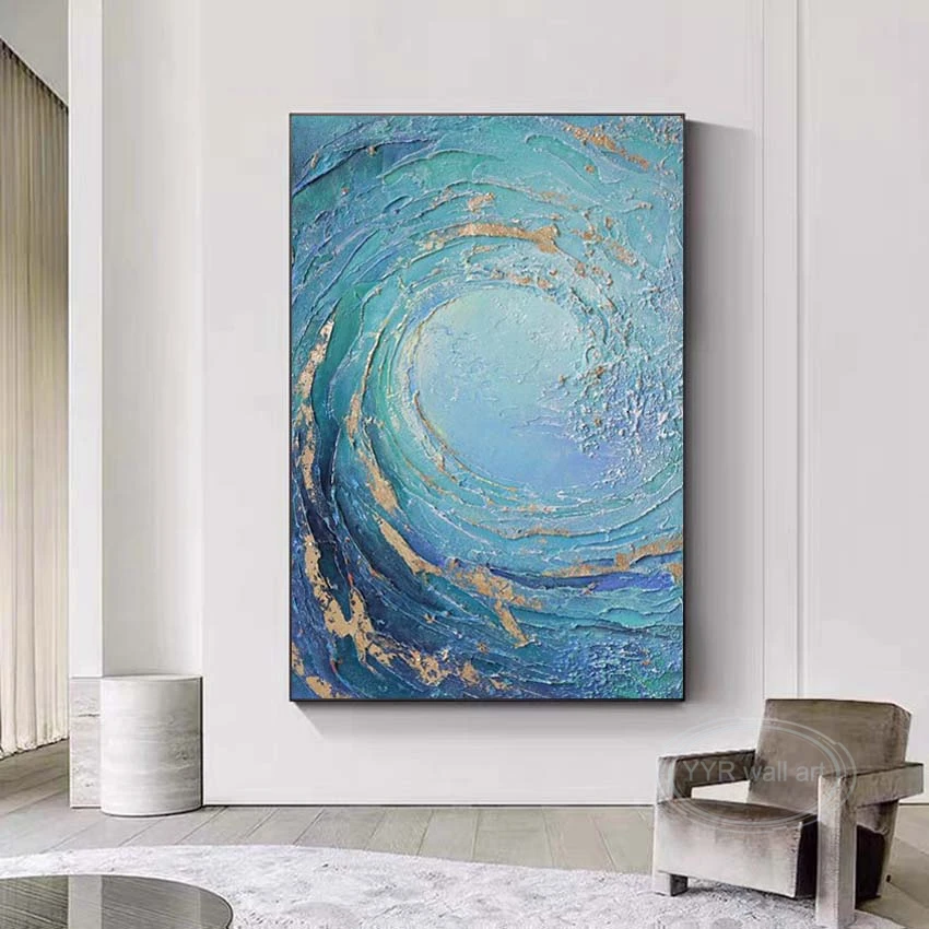 Room Decor Art Poster Handmade Oil Painting Gold Foil Blue Abstract Ocean Wave Acrylic Canvas Premium Hanging Picture for Indoor