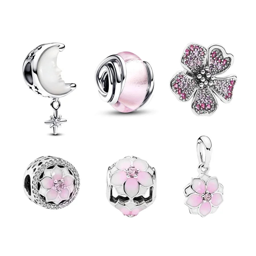 Hot Sale Pink Series Encircled Murano Glass & Cherry Blossom Dangle Charm Beads Fit Original Silver 925 Pandora Bracelet Jewelry