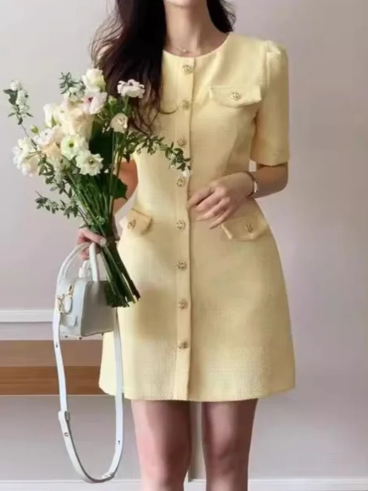 Verão novo coreano elegante tweed vestido feminino pequena fragrância manga curta único breasted mini vestidos de alta qualidade