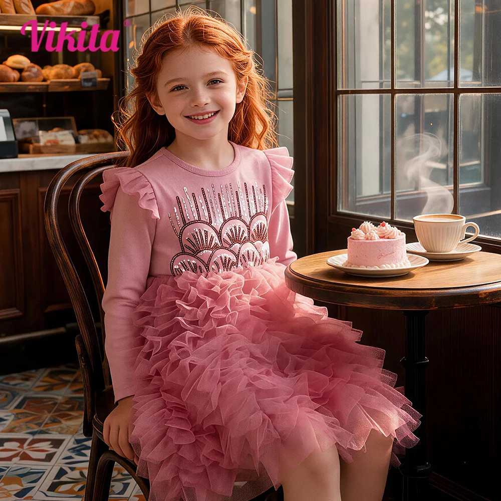 Mädchen Rosa Rüschen Tüll Layered Mesh Kuchen Tutu Kleid Kinder Pailletten Applizierte Glitzer Glänzende Performance Party Prinzessin Kleider