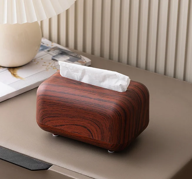Magnetic Wood Grain Tissue Holder with Spring Loaded Mechanism and Non Slip Bottom Designed for Easy Dispensing