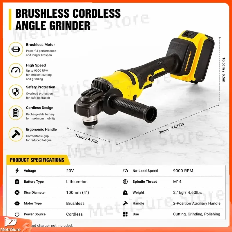 Professional 1200W Cordless Angle Grinder Brushless Motor 20V Slide Switch Variable Speed Angle Grinder for Metal Cutting