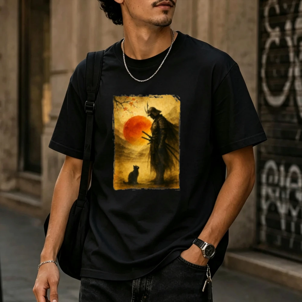 Vintage Japanese Samurai Warrior Silhouette with Little Black Cat Red Sunset Ink Wash Painting Men Cotton T Shirt Casual Tees