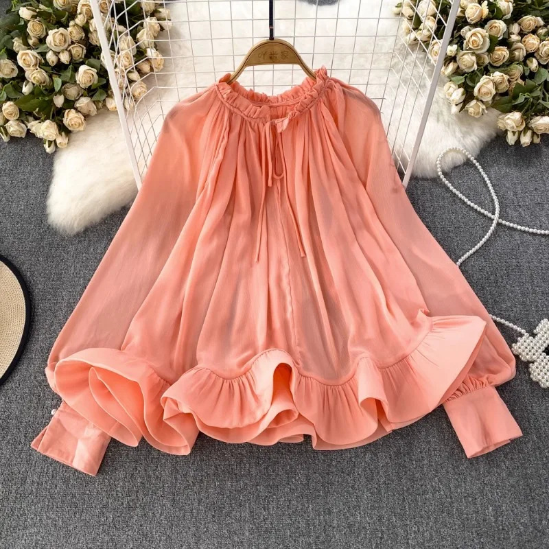 Neploe 2024 Spring Autumn O-neck Ruffles Blouses Korean Sweet Chiffon Shirts Women Y2k Lantern Sleeve Loose Blusas Mujer