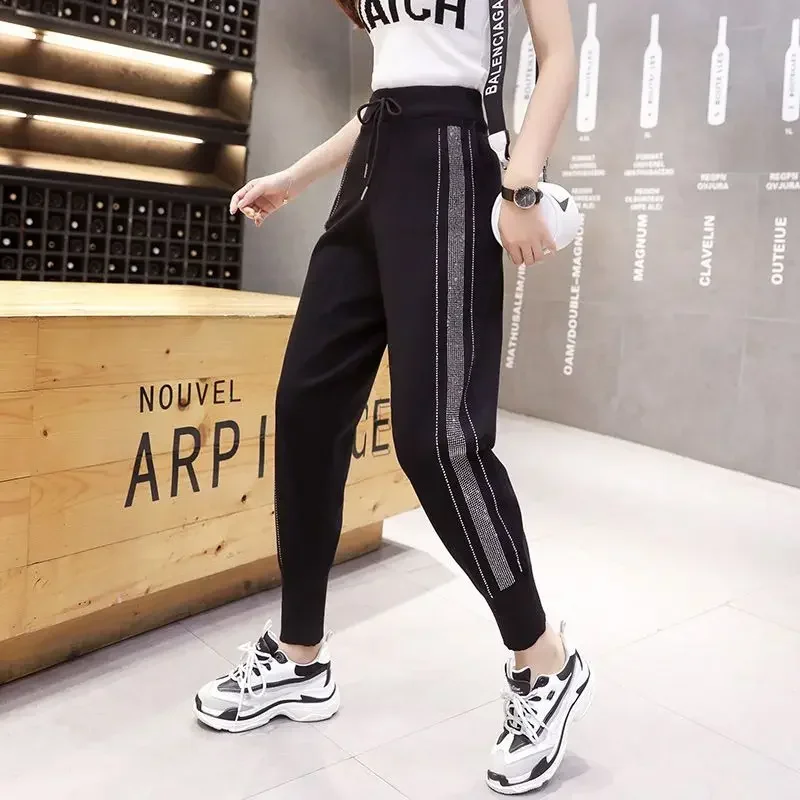 Loose Fit Black Knitted Harem Pants for Women with Diamond Rhinestone Decoration Elastic Waistband Sweatpants Cropped Pants
