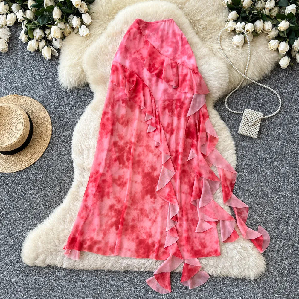 Women Summer Skirt Korean Tie-Dye High Waist A-Line Asymmetric Ruffle Midi Sexy Skirt Slim Fit Office Lady Female Faldas SK126