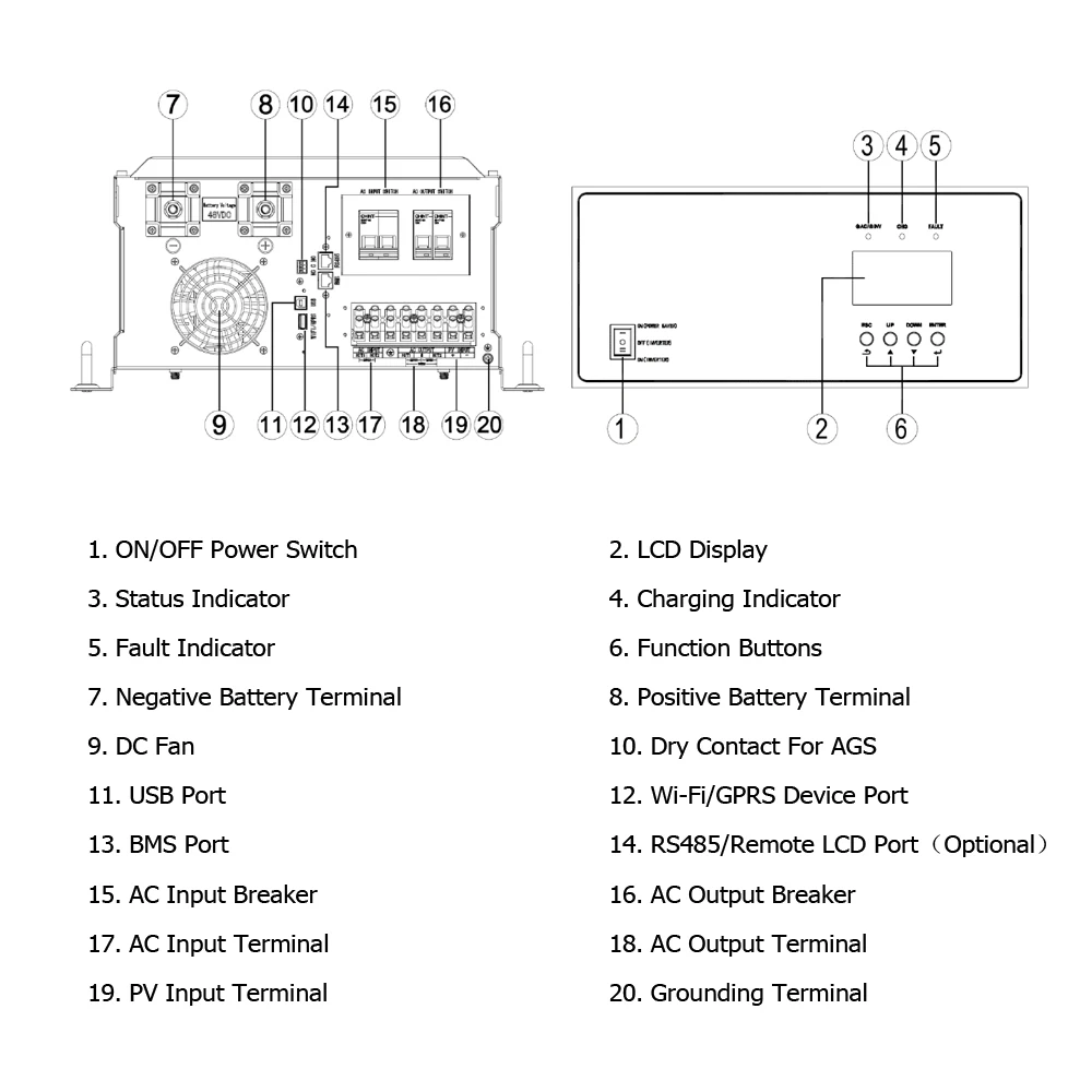SPF 6000T DVM الهجين خارج الشبكة العاكس 48V 6kW سبليت المرحلة الولايات المتحدة العاكس للطاقة الشمسية
