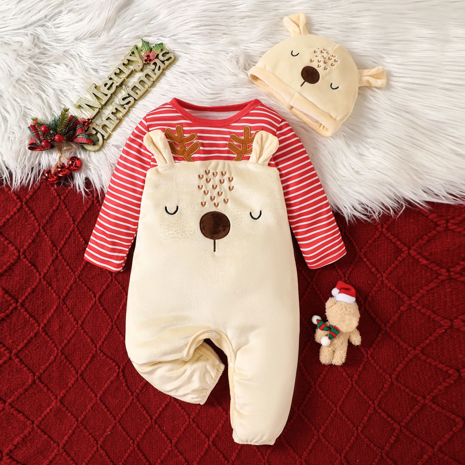 

Newborn Baby Christmas Romper Bodysuit Stripes Cartoon Embroidery Deer Velvet Jumpsuit With Hat 2pcs My First New Year Costume