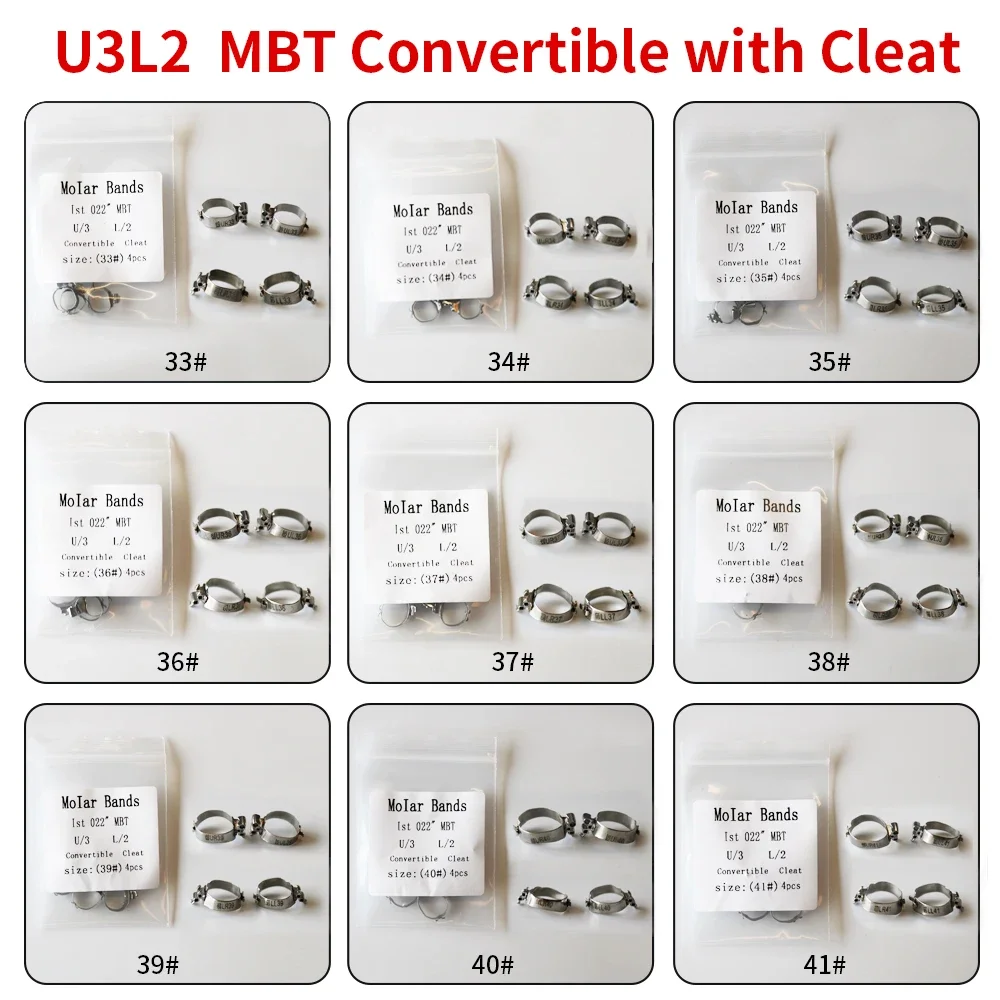 Orthodontic Dental U3L2 Molar Band (Upper triple Lower double) MBT 022 Convertible Buccal Tube With Cleat (33-41) 4Pcs/Pack