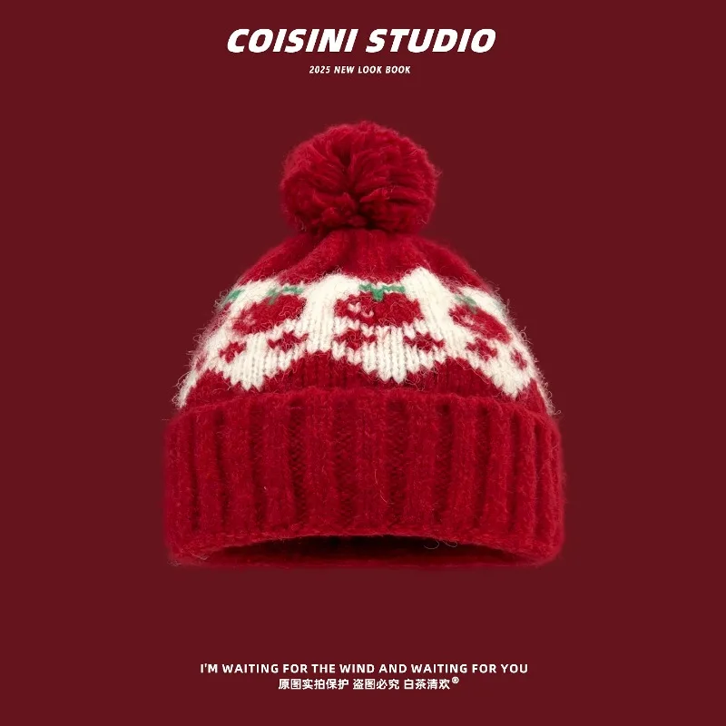 

New Fair Island Style Cute Cherry Jacquard Knitted Beanies for Women Autumn Winter Travel Warm Versatile Pom-pom Pullover Hat