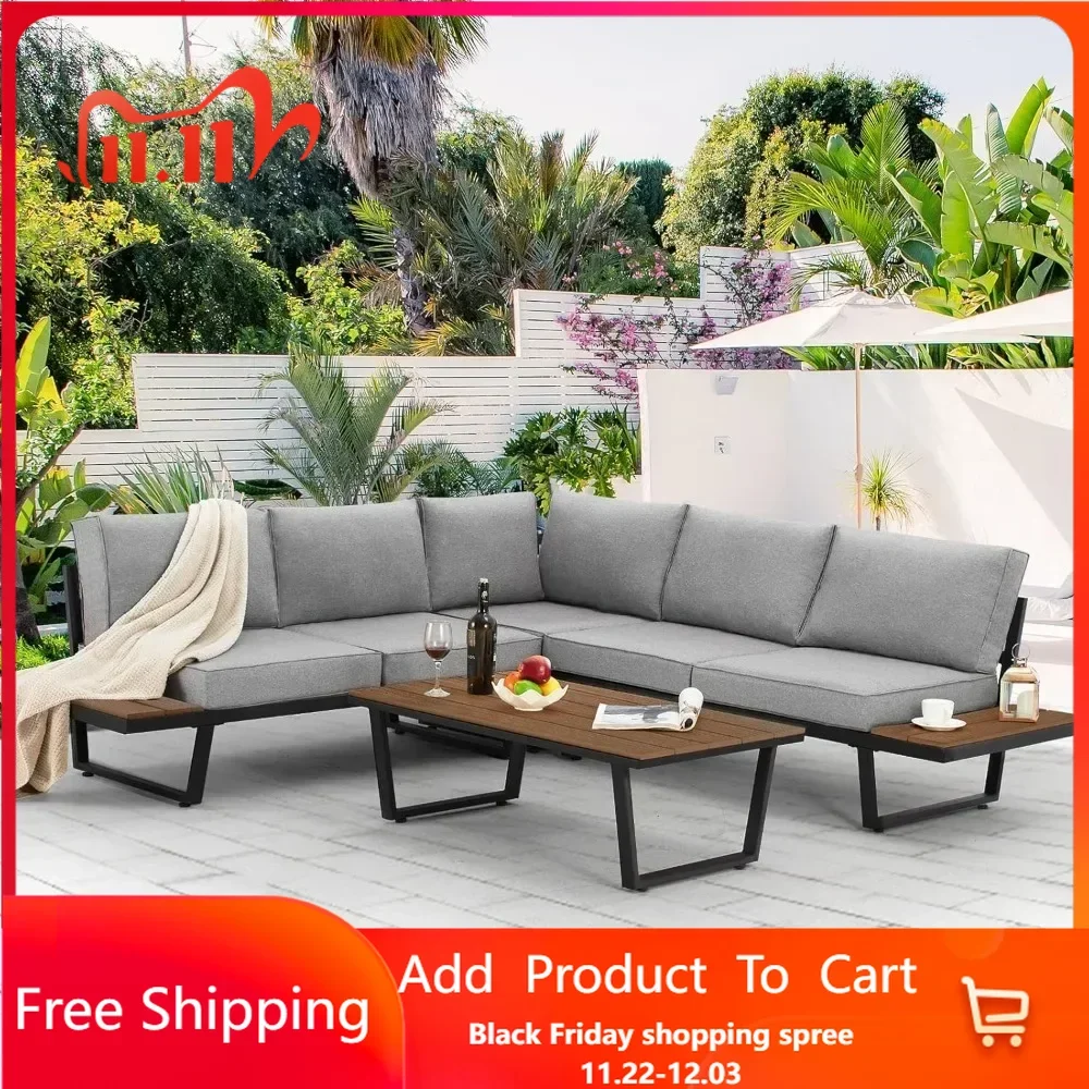 Outdoor Sectional Sofa Set with Coffee Table, Extra Large L-Shaped Metal Conversation Set