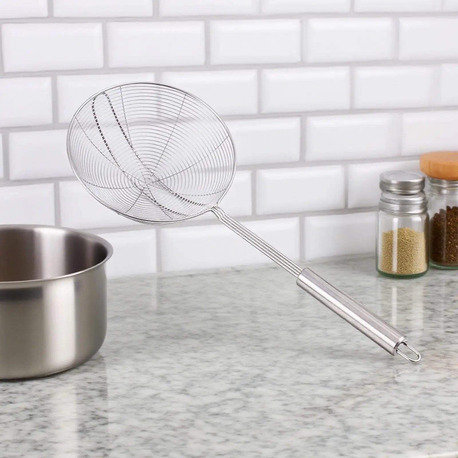 Colador de malla multifuncional con ranuras, cuchara coladora para pasta y legumbres, fácil de limpiar, resistente y de drenaje rápido