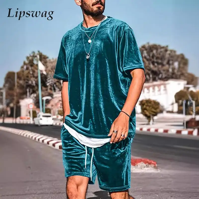 Summer Stylish Velvet Two Piece Suits Men Casual Loose O Neck Short Sleeve Tops And Shorts Outfits Mens Hip Hop Solid Color Sets