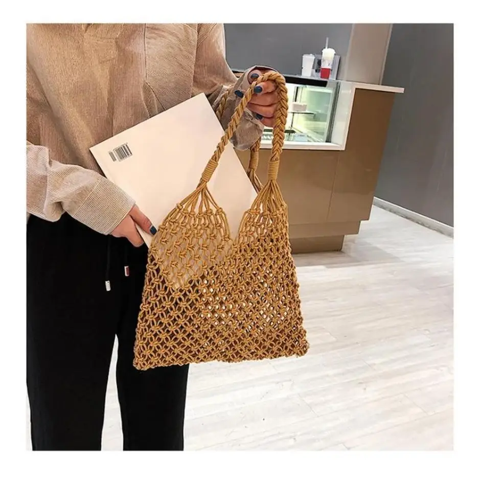 

1 Pcs Wind Cotton Handmade Woven Bag Beach Bag One Shoulder Portable Leisure Hollowed Out Tourism And Vacation Fishing Net Bag