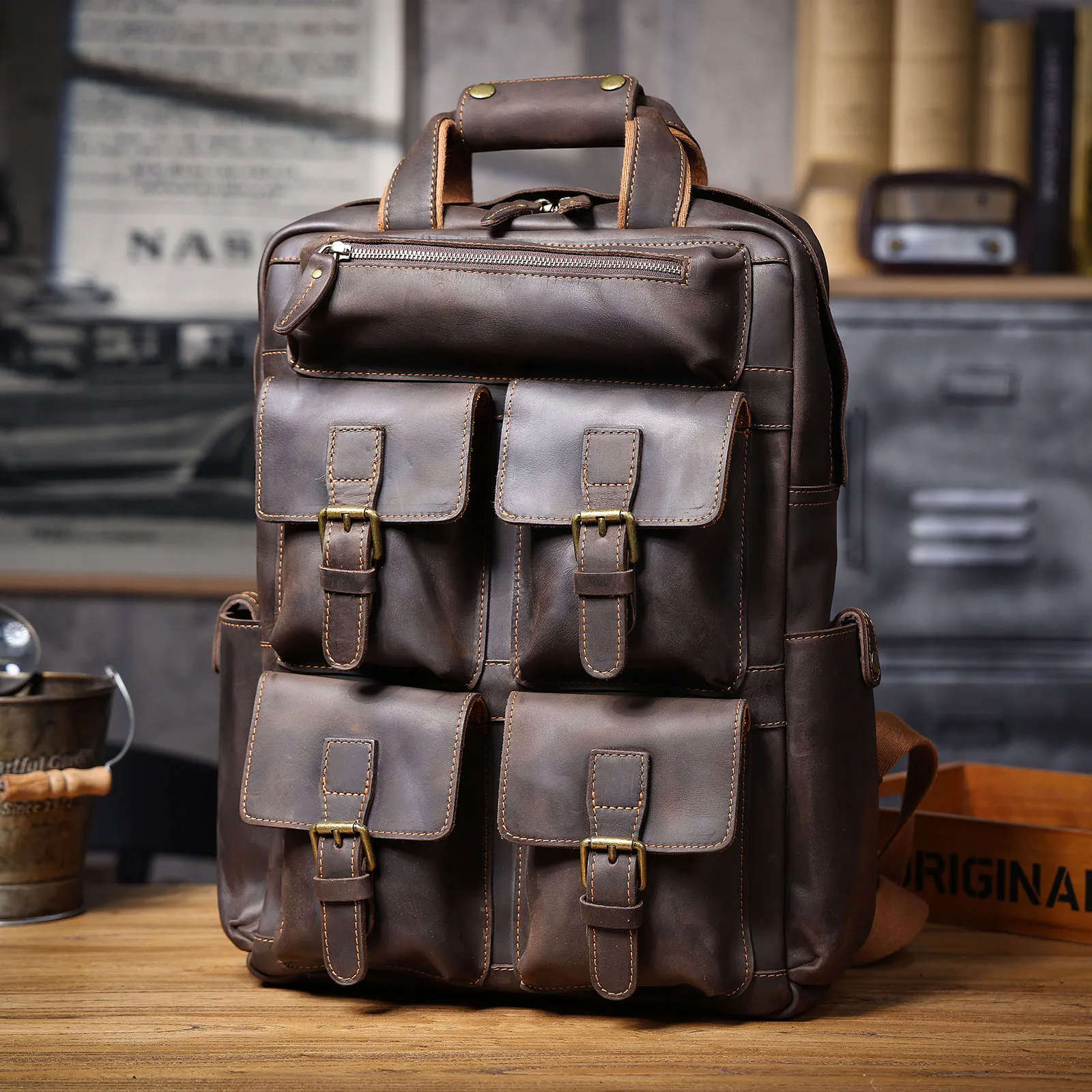S.WORKER Vintage Echtleder-Rucksack 16 Zoll Laptop-Tasche Lässige Crazy-Horse-Leder Schultasche Outdoor-Reise-Weekender-Tasche – Detail 9