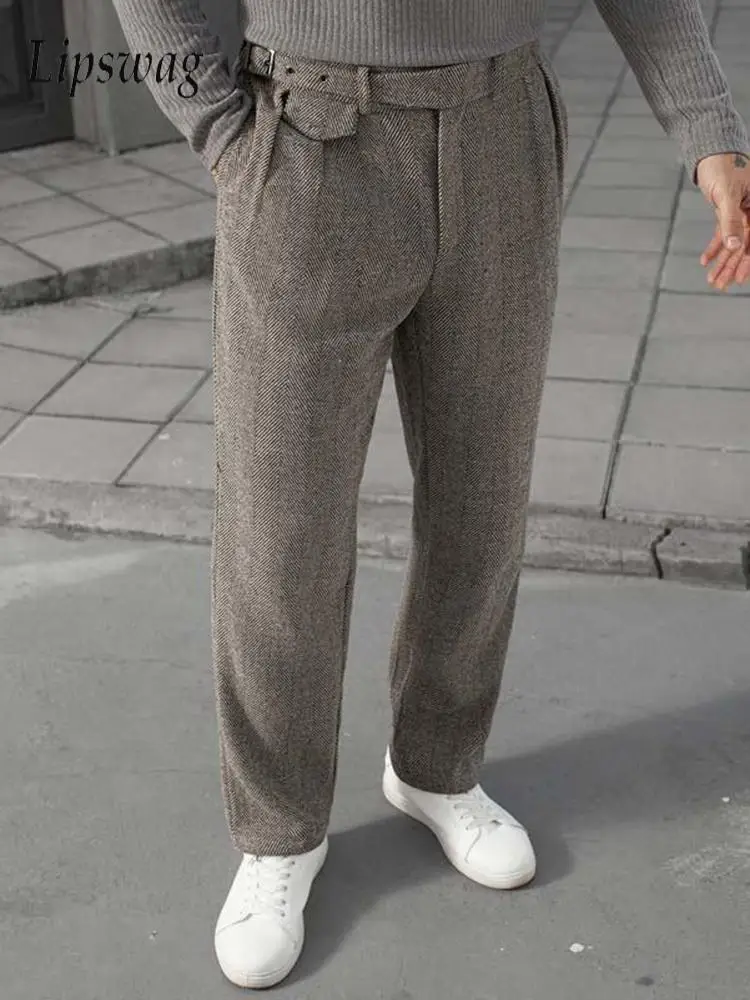 

Мужские шерстяные брюки в неаполитанском стиле с модным поясом, высокой талией, весна 2026, повседневные, плиссированные, зауженные, прямые, в стиле Old Money