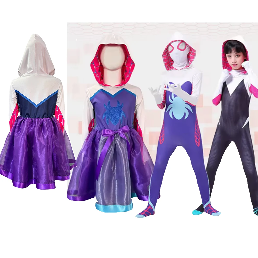 

Girls Gwen Ghost Spider Costume Bodysuit Halloween Cosplay Hooded Holiday Party Costumes Fantasy Sexy Dress Up Hoodies Swimsuit