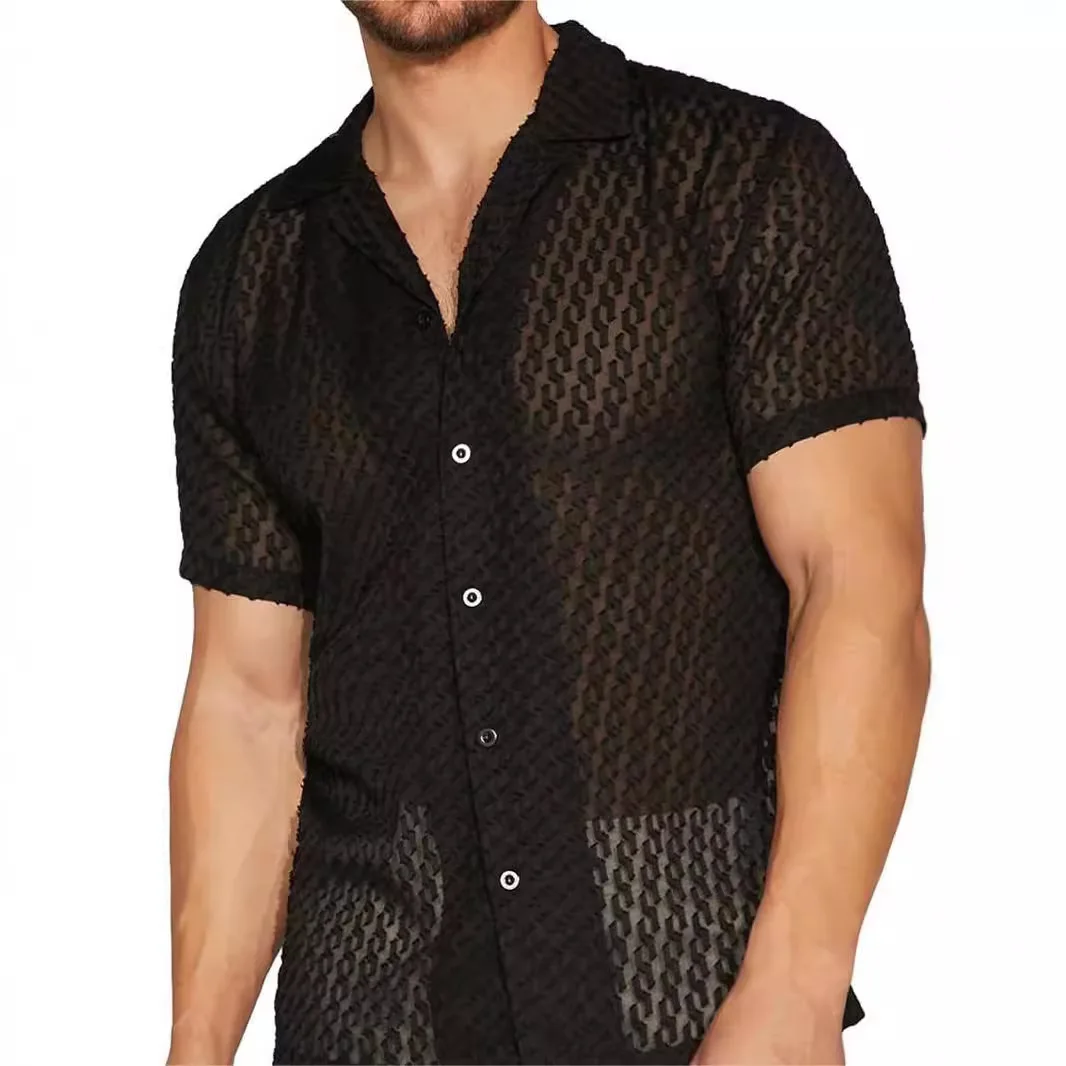 New Men's Hollow Jacquard See-through Shirt Lace Fashion Casual Slim-fit Top