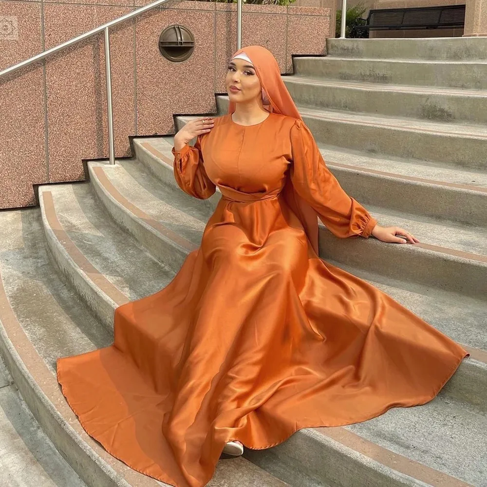 

Ramadan Satin Abaya Dubai Luxury Muslim Wrap Long Dress Eid Mubarak Abayas for Women African Dresses Turkey Islamic Kaftan Robe