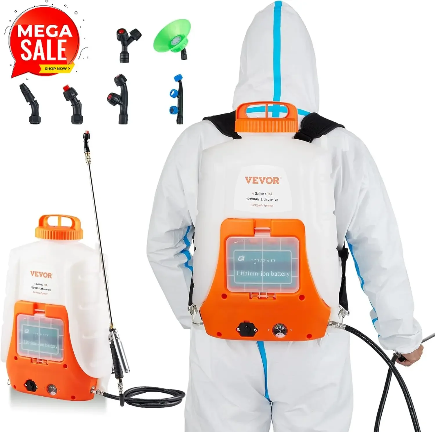 Battery Powered Backpack Sprayer, 0-90 PSI Adjustable Pressure, 4 Gallon Tank, Back Pack Sprayer with 8 Nozzles and 2 Wands, 12V