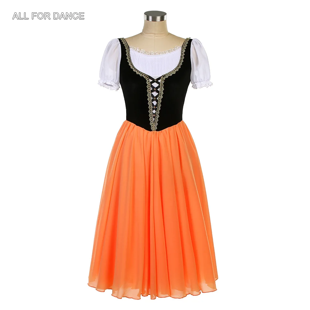 26056-manches-courtes-noir-velours-haut-corsage-avec-tulle-orange-tutu-adultes-filles-ballet-cosutmes-scene-performance-danse-tutu