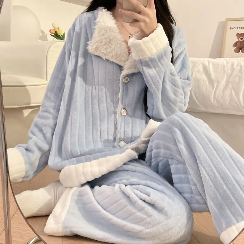 

Autumn Winter Coral Fleece Women's Pajama Set Fleece-Lined Pj Keep Warm Nightwear New Flannel Girl Sleepwear Thicken Homewear