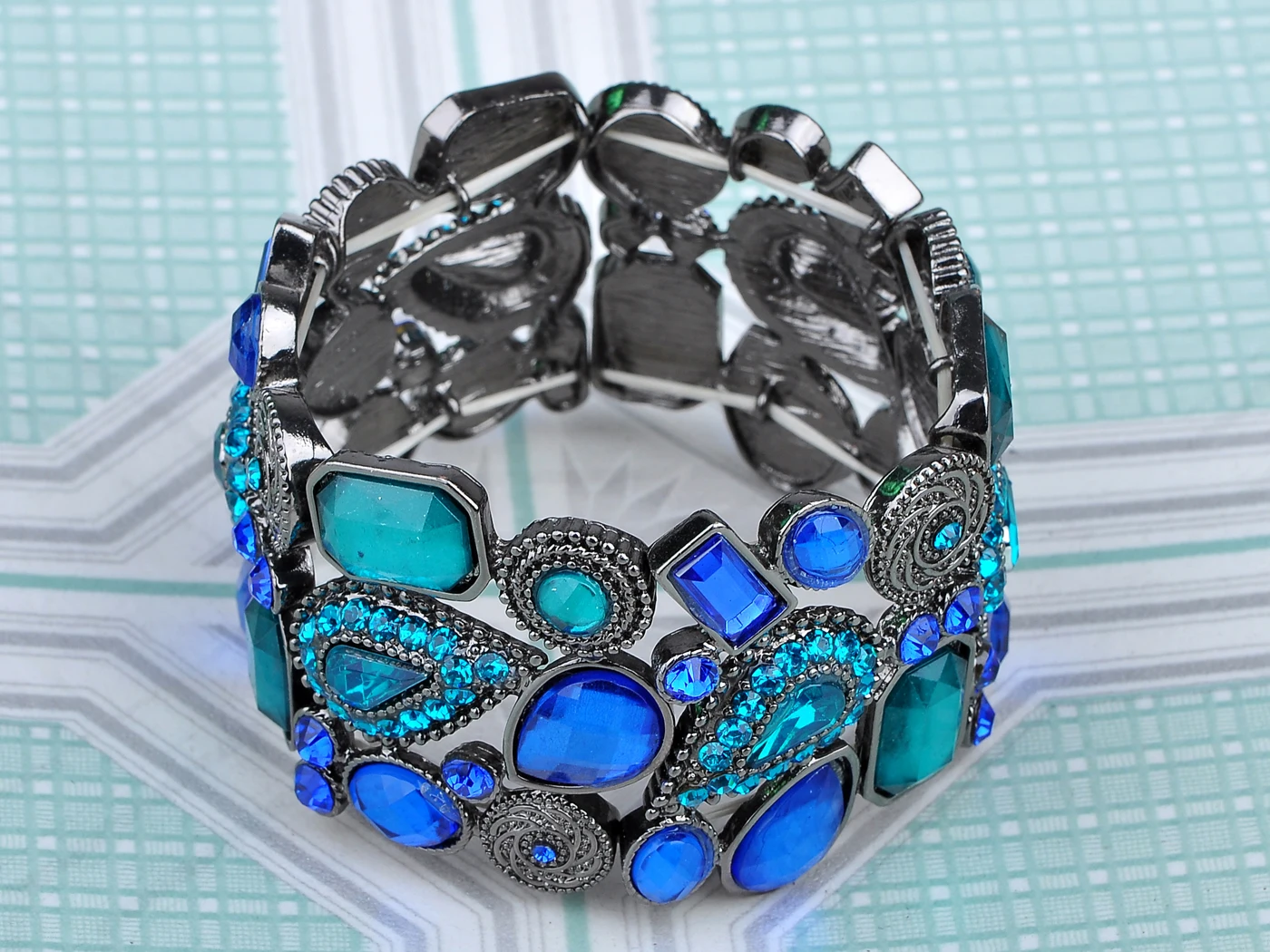 Antique Silvery Tone Blue Rhinestones Adjustable Stretch Cuff Bangle Bracelet