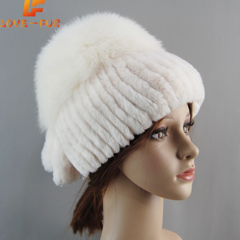 Russian Knitted Rabbit Fur And Fox Fur Ski Hat Women Warm Winter Beanies Cap Winter Fur Hat Ladies Style Real Rex Rabbit Fur Hat