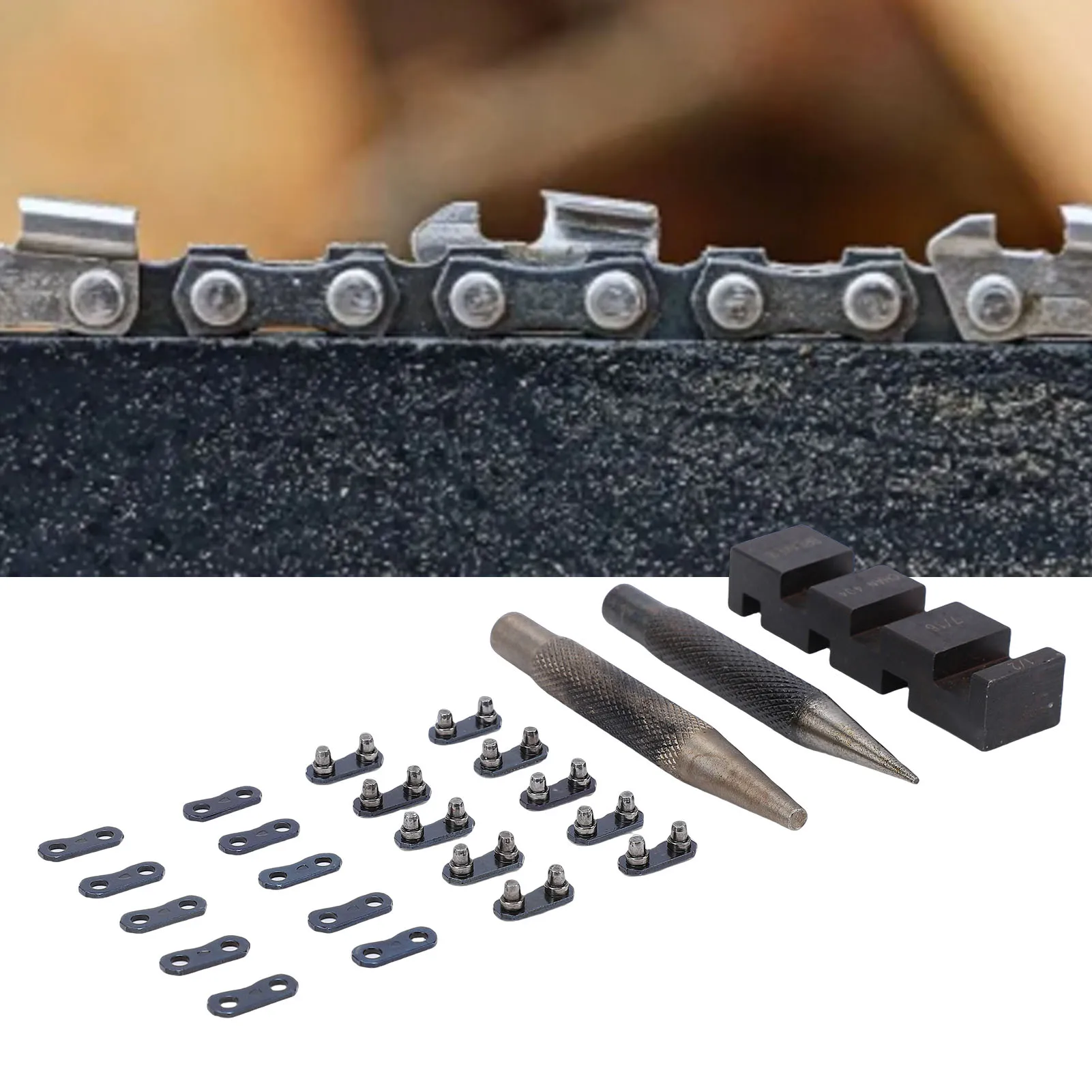 

Портативный набор для ремонта цепей бензопил: инструмент для разжима и проколки цепей, 10 ремней для ремонта звеньев, совместим с шагом 1/4 и 3/8 дюйма, 325 и 404