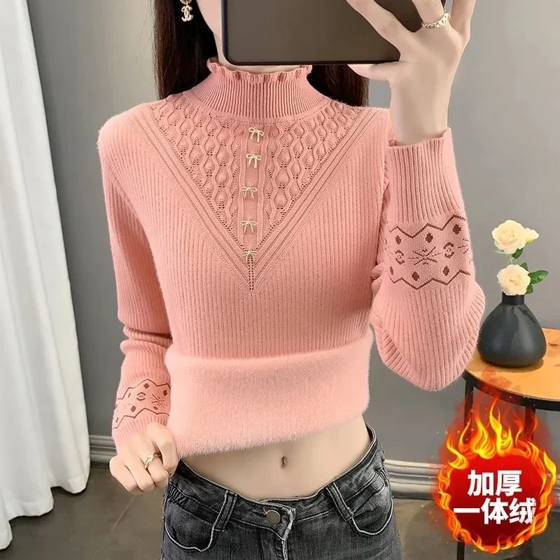 Plüsch warme Damen pullover 2024 Herbst Winter verdicken warme Pullover Pullover Damen halben Roll kragen pullover gestrickte Damen oberteile