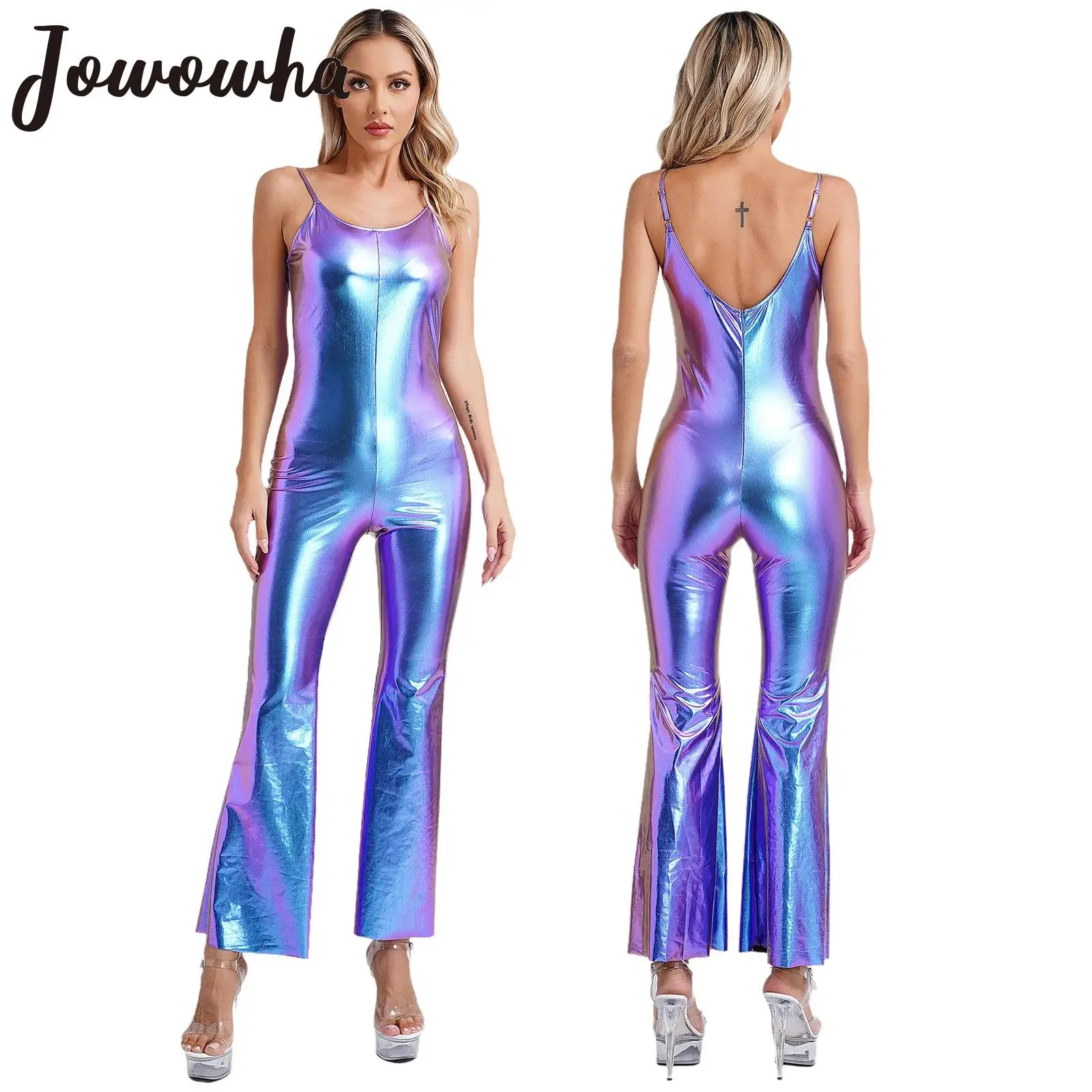 

Womens Metallic Shiny Flare Jumpsuit Rompers Spaghetti Straps U-back Bodycon Bodysuit Nightclub Pole Dance Party Cosplay Costume