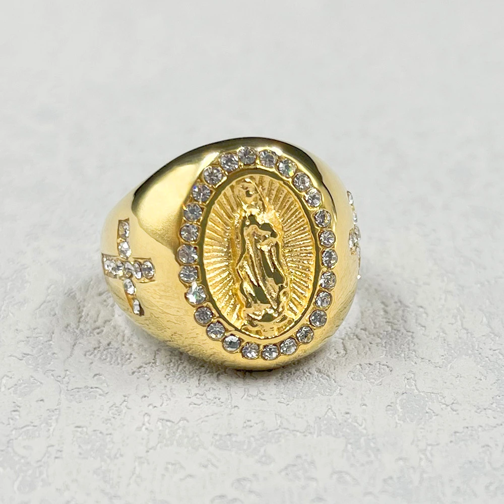 Gold color Christian / Catholic Ring 316L Stainless Steel with rhinestone Cross women Men\'s Catholic Virgin Mary