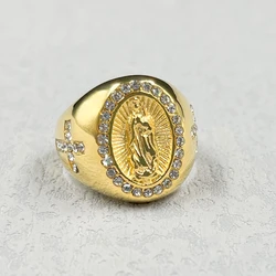 Gold color Christian / Catholic Ring 316L Stainless Steel with rhinestone Cross women Men's Catholic Virgin Mary