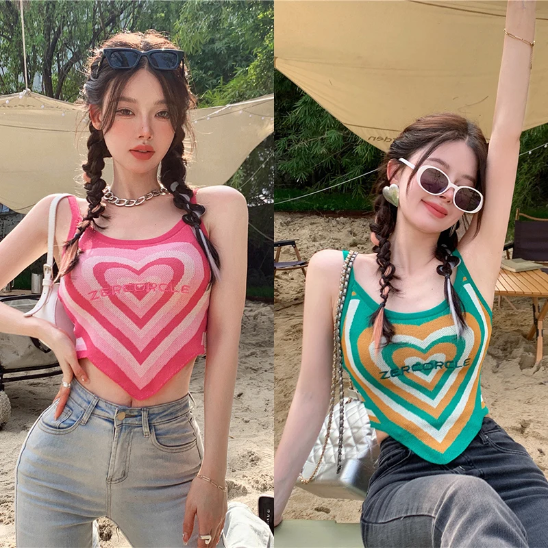 Love Heart Printed Camisole Irregular Expose Navel Tank Tops Summer Women's Top Y2k Clothes