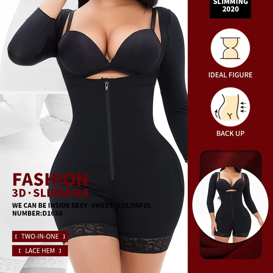 Long Sleeve Open Bust Shapewear Bodysuit for Women Front Zip Tummy Control Butt Lifter Seamless Compression with Lace Trim