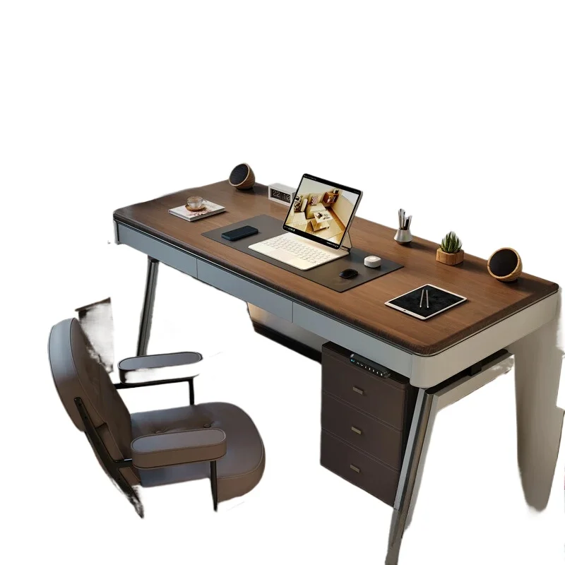 

Smart Desk Black Walnut Designer Saddle Leather Electric Lifting Computer Desk