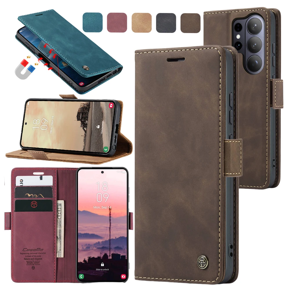 Flip Leather Case for Samsung Galaxy S26 Ultra 25 Plus S24 S23 Fe S22 S21 Cash Cards Pocket Card Slots Kickstand Phone Cover