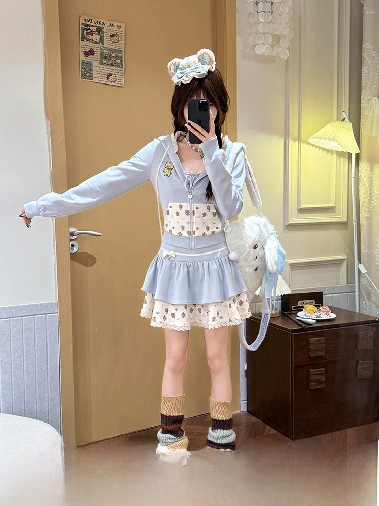 

Casual Style Hat Women's Three-Piece Set Blue Rabbit Print Hoodie Jacket Short Skirt Vest Spring Fashion Outfit Ensemble