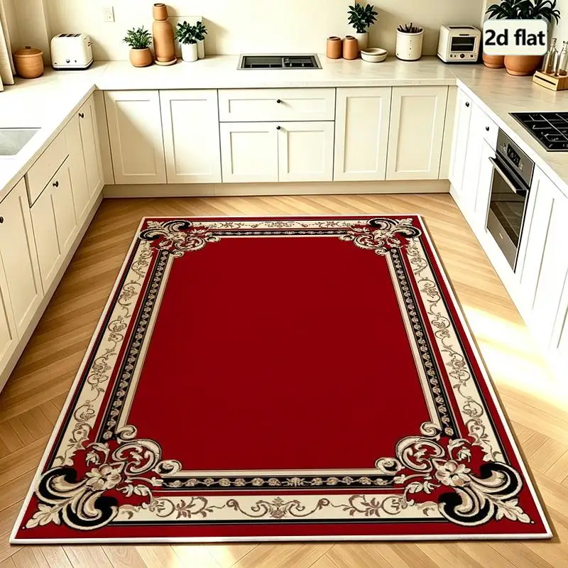 Carpet Flooring Red Solid Center Square Area Rug European Vintage Floral Border Floor Carpet for Living Room