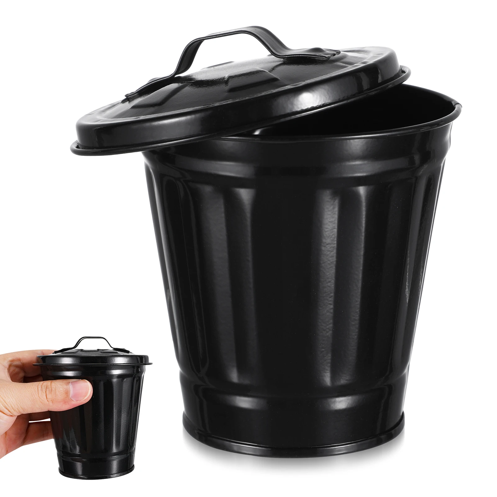 

1pc Small Waste Storage Bin Black Lidded Trash Can Desktop Garbage Container Metal Flower Pot Home Office Bedroom Living Room