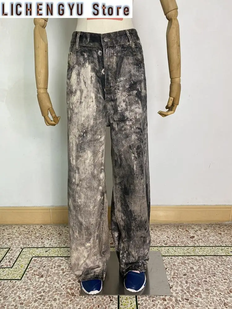 Women's Camouflage Splashed Ink Print Unisex Pants Wide Legs Jeans Young Girl Street Bottoms Female High Waisted Denim Trousers