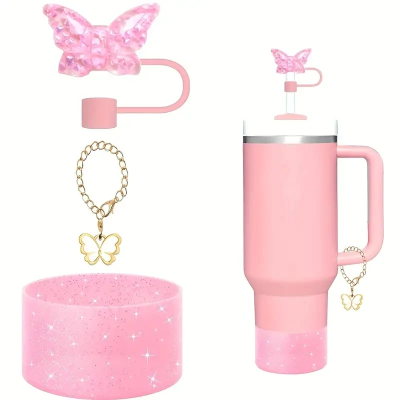 3pcs Cup Accessories Set - Silicone Butterfly Chain, Silicone Boot, and 10mm Straw Covers for Stanley Tumblers 30oz and 40oz