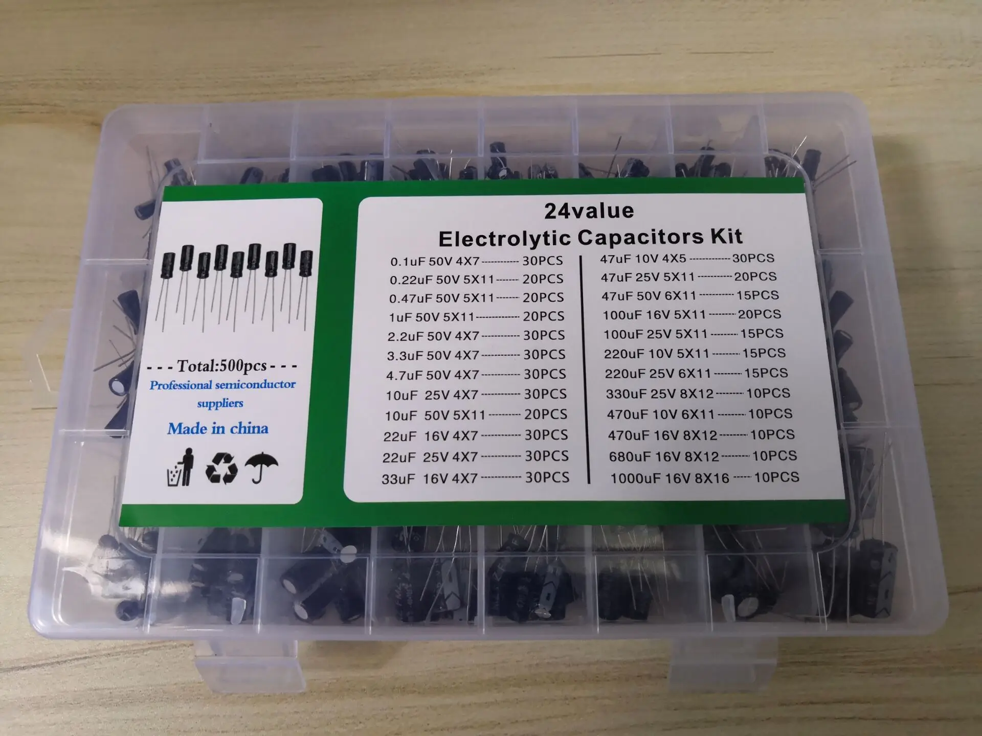 1box 500pcs 10V 16V 25V 50V 0.22/0.47/1/2.2/3.3/4.7/10 22 33 47 100 220 330 470 680 1000 UF Aluminum Electrolytic Capacitor Kit